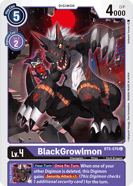 The image features a Digimon card titled "BlackGrowlmon [BT5-076] [Battle of Omni]," a Champion-level Dark Dragon with a cost of 5 and 4000 DP. It depicts an armored, dinosaur-like creature with red claws, and its special effect enhances security attacks when another Digimon is deleted.