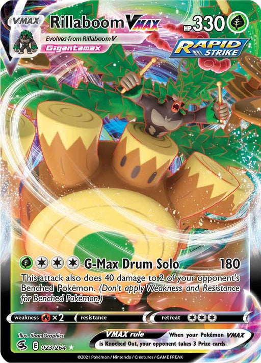 A Pokémon trading card featuring Rillaboom VMAX (023/264) [Sword & Shield: Fusion Strike] from the Pokémon series. This Ultra Rare card shows Rillaboom, a large, gorilla-like Pokémon, performing G-Max Drum Solo, surrounded by green energy swirls. It has 330 HP and the Rapid Strike label. Numbered 23/264 with weaknesses to Fire types and a retreat cost of three.