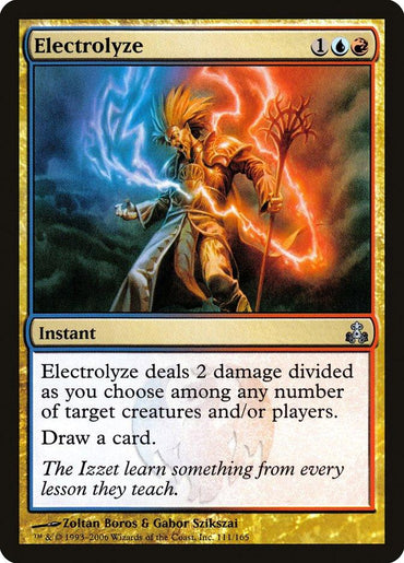 The image features the Magic: The Gathering card "Electrolyze [Guildpact]," costing one blue, one red, and one generic mana. A wizard casts red and blue lightning, dealing 2 damage and letting you draw a card, with flavor text about the enigmatic Izzet guild.