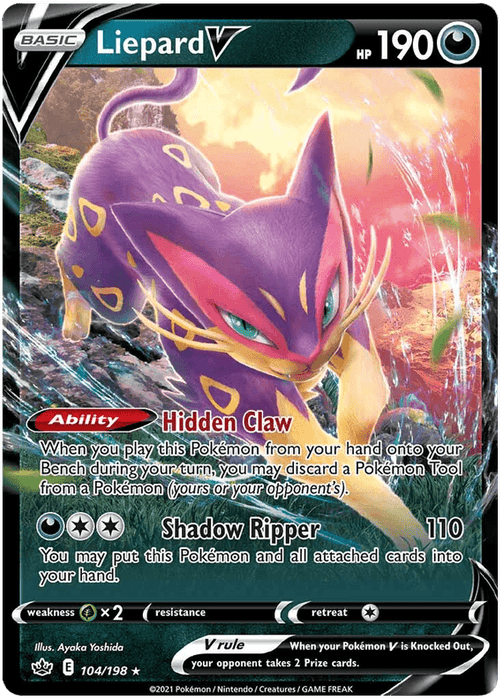 This Ultra Rare Pokémon card features Liepard V (104/198) [Sword & Shield: Chilling Reign] with 190 HP. Liepard, a sleek, purple feline with yellow markings and sharp green eyes, is illustrated by Ayaka Yoshida. The Darkness-type card showcases its abilities: Hidden Claw and Shadow Ripper. Part of the Chilling Reign series, it's numbered 104/198.