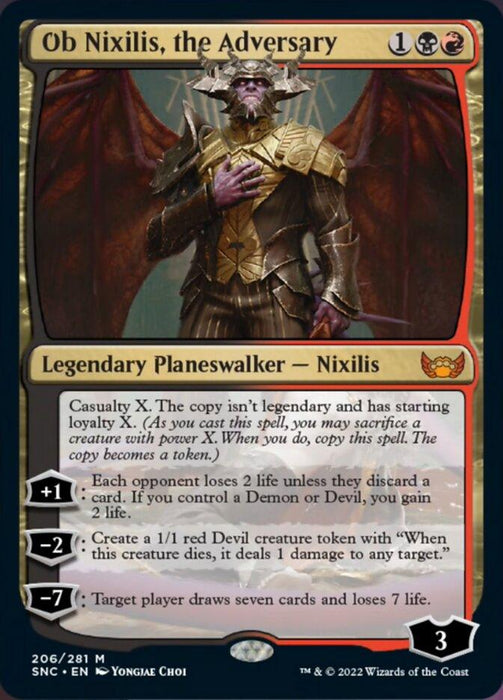 The image is of a Magic: The Gathering card titled "Ob Nixilis, the Adversary [Streets of New Capenna]." This Mythic legendary planeswalker card from Streets of New Capenna has a mana cost of 1BR and features Ob Nixilis, a demon-like figure with dark wings and horns. The card's abilities have loyalty points of +1, -2, and -7 and is number