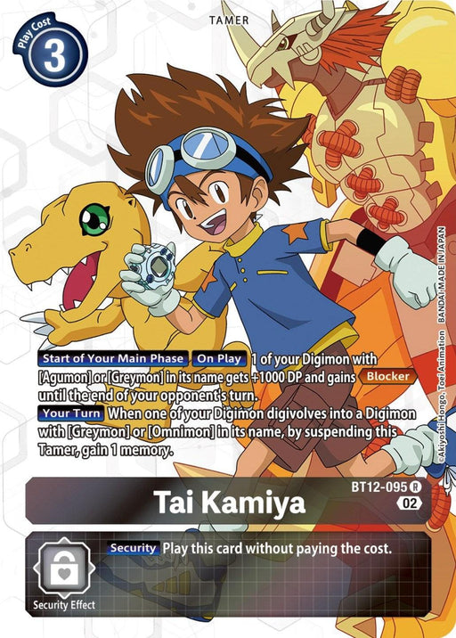 A Digimon trading card featuring "Tai Kamiya," a Tamer with spiky brown hair, wearing a yellow-trimmed blue shirt and goggles. Accompanied by Agumon and Greymon, the card details abilities and security effects. Tai Kamiya [BT12-095] (Alternate Art) [Across Time] has a play cost of 3.