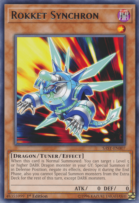 Image of a Yu-Gi-Oh! trading card named "Rokket Synchron [SAST-EN007] Rare" from the Savage Strike series. The card has an orange border and features an illustration of a blue and green mechanical DARK Dragon monster with rockets. It's a Tuner/Effect Monster with ATK 0 DEF 0, detailing summoning conditions and restrictions.