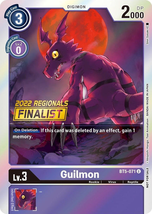 A Digimon card named Guilmon [BT5-071] (2022 Championship Offline Regional) (Online Finalist) from the Battle of Omni Promos set features Rookie Guilmon. The card has a play cost of 3 and a DP of 2000. It notes "2022 Regionals Finalist" and includes an effect: "On Deletion: If this card was deleted by an effect, gain 1 memory." The background depicts a red moon and a desolate landscape.
