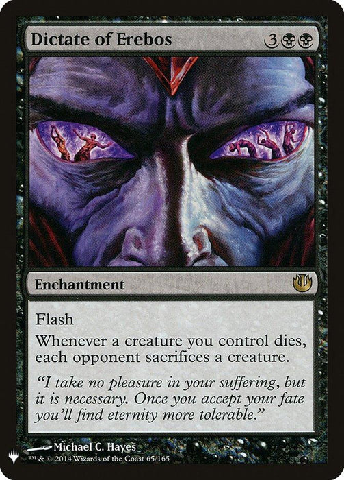 The image is a Magic: The Gathering card called "Dictate of Erebos [Mystery Booster]." It has an illustration of a sinister face with glowing violet eyes, cracked purple skin, and a dark, eerie aura. The rare card is black, costs 3BB, and has the enchantment type with Flash. Its ability forces each opponent to sacrifice a creature whenever one you control dies. There's also flavor