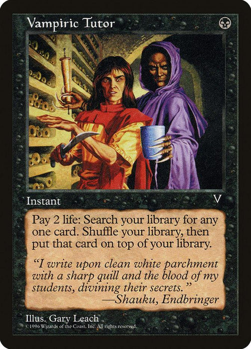 The image depicts a rare Magic: The Gathering card titled Vampiric Tutor [Visions]. Two figures, one in a red robe pointing forward and another in a purple robe holding scrolls, dominate the scene. Below are details: "Instant," "Pay 2 life: Search your library for any one card. Shuffle your library, then put that card on top.