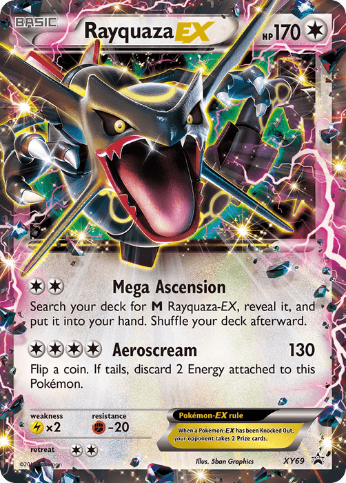 A Rayquaza EX (XY69) (Shiny) [XY: Black Star Promos] Pokémon card with a black dragon-like creature featuring vibrant green and yellow markings. The card, part of the Black Star Promos, boasts attacks "Mega Ascension" and "Aeroscream." It displays 170 HP, lightning weakness, resistance to fighting-type moves, and stunning holofoil detailing.