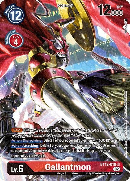 Image of a Gallantmon [BT12-018] (Alternate Art) [Across Time] Digimon card from the Digimon TCG set with the code BT12-018 Super Rare. The card shows Gallantmon, a Holy Warrior in shiny red and gold armor with a lance. It costs 12 memory to play and has 12,000 DP. The card boasts abilities like Raid, Deleting opposing Digimon, and attack effects.