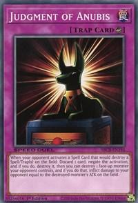 Yu-Gi-Oh! trading card titled "Judgment of Anubis [SBCB-EN194] Common." The card features a mystical black Anubis statue with golden accents, set against a radiant, glowing background. As a Counter Trap Card found in the Battle City Box, it provides detailed instructions for countering an opponent's spell card and inflicting damage.