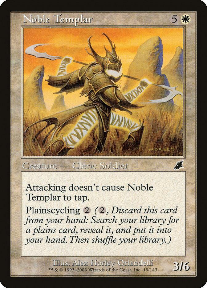 The image shows a Magic: The Gathering card named Noble Templar [Scourge], a 3/6 Human Cleric Soldier Creature with a mana cost of 5W. It features abilities such as Vigilance, meaning 