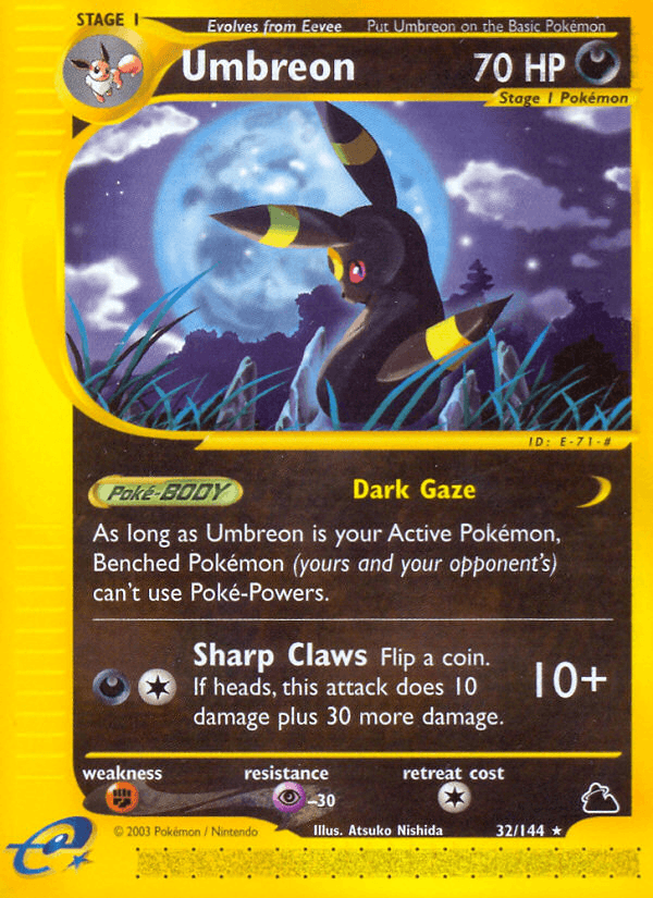 The Pokémon Umbreon (32/144) trading card from the Skyridge series features a rare Stage 1 Dark type with 70 HP. This card showcases the Poké-Body ability 