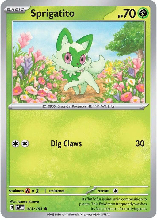 A Pokémon card showcases Sprigatito (013/193) [Scarlet & Violet: Paldea Evolved], a grass-type from the Scarlet & Violet expansion with green fur and large eyes. Standing in a field with a forest backdrop, it boasts HP 70 and the attack move "Dig Claws" (power 30). The card also notes its weight (9 lbs) and height (1'4").