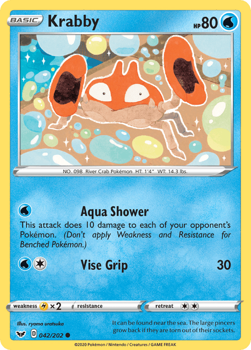 A Pokémon trading card depicting Krabby, a crab-like creature with large pincers and a red-orange shell. The Water-type card shows it has 80 HP and appears in the Pokémon Sword & Shield: Base Set series. Krabby's moves are "Aqua Shower" and "Vise Grip." The background features a cool blue, water-themed design. This is the Krabby (042/202) [Sword & Shield: Base Set].