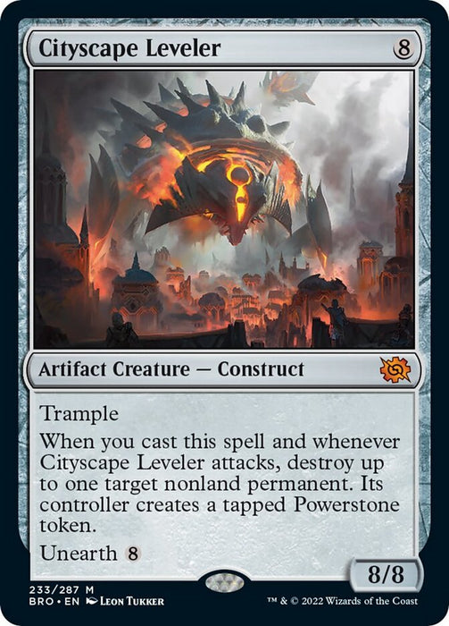 The image shows a Magic: The Gathering trading card named "Cityscape Leveler (Promo Pack) [The Brothers' War Promos]," an Artifact Creature featured in The Brothers' War Promos. With a mana cost of 8, this 8/8 creature has Trample, destroys a nonland permanent when cast or attacked, and creates a tapped Powerstone token. It also has “Unearth 8.” The artwork depicts a massive,