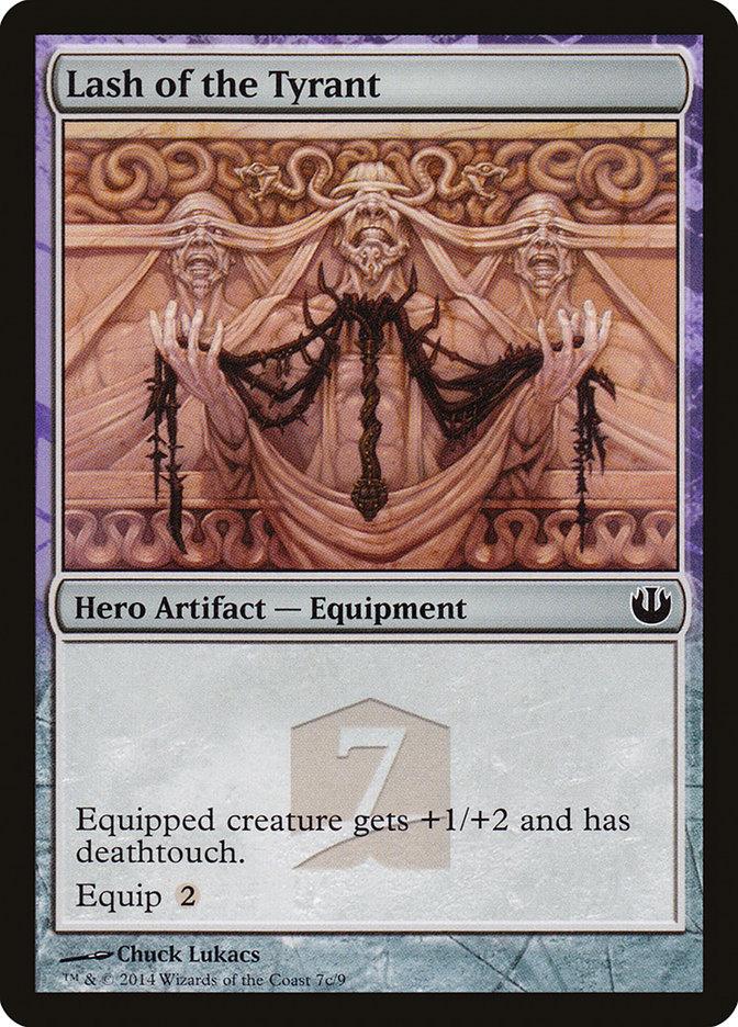 Lash of the Tyrant [Journey into Nyx Hero's Path]" is a Magic: The Gathering card depicting a veiled, three-faced figure in black chains. As a Hero Artifact — Equipment, it grants equipped creatures +1/+2 and deathtouch with an equip cost of 2.