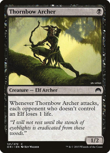 Thornbow Archer [Magic Origins]" by Magic: The Gathering depicts an elf archer situated in a mystical, misty forest. As opponents without elves suffer life loss when attacked, the card features lush greenery and diffused light surrounding this captivating figure, augmenting its enchanting lore and power.