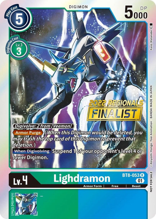 A Digimon card called Lighdramon [BT8-053] from the 2022 Championship Offline Regional series, also an Online Finalist in the New Awakening Promos. It has a play cost of 5 and is at level 4. The card features a dynamic illustration of Lighdramon in a fierce action pose against a digital, lightning-themed background. Key attributes include Armor Purge and the "2022 Regionals Finalist" label.