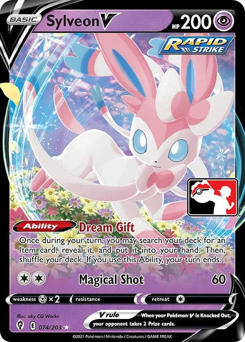 A Pokémon Sylveon V (074/203) [Prize Pack Series One] for Sylveon V with 200 HP from the "Rapid Strike" series. This Psychic-type Sylveon is pink and white, with blue eyes and ribbon-like feelers. The Ultra Rare card features its ability "Dream Gift" and the attack "Magical Shot," inflicting 60 damage. The bottom notes: V rule, set details, and artist credit.