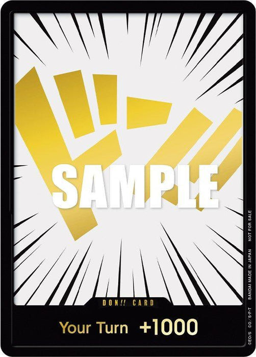 An illustrative card titled "DON!! CARD" with a golden, stylized fist emblem at the center, surrounded by radiating lines suggesting impact or energy. The word "SAMPLE" is written across the emblem. As part of the One Piece Promotion Cards series by Bandai, it reads "Your Turn +1000," indicating an enhancement or boost.

