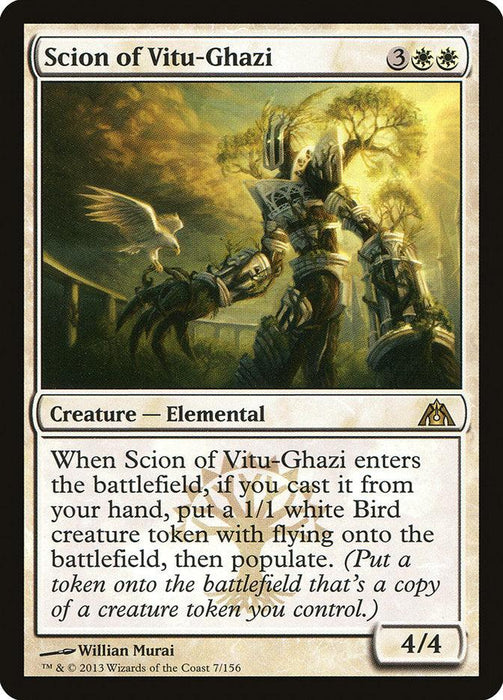 A Magic: The Gathering card, Scion of Vitu-Ghazi [Dragon's Maze] costs 3 generic and 2 white mana. This rare creature is a 4/4 Elemental that summons a 1/1 white Bird token with flying and populates. Its artwork depicts a towering, armored tree-like figure with a bird in the background.