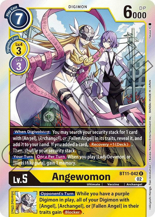 A Digimon trading card featuring Angewomon [BT11-042] [Dimensional Phase], a Level 5 yellow card from the Dimensional Phase series. This rare Digimon has a 7 play cost, 6000 DP, and digivolves from Level 4 with a cost of 3. Showcasing the archangel Angewomon with her helmet and large wings, it includes various abilities and effects in the text.