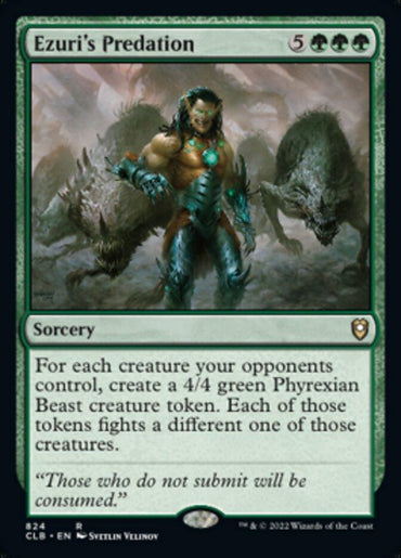 A Magic: The Gathering product titled "Ezuri's Predation [Commander Legends: Battle for Baldur's Gate]." It features a muscular, armored figure with green glowing accents, standing confidently with two large, menacing Phyrexian Beasts behind him. This rare Sorcery from Commander Legends: Battle for Baldur's Gate costs 8 mana and creates 4/4 Beast creature tokens.