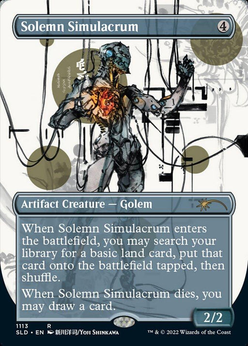 A Solemn Simulacrum (Borderless) [Secret Lair Drop Series] card from the Magic: The Gathering trading card game. Depicting a cracked and damaged golem with mechanical parts and wires exposed, this Artifact Creature requires 4 generic mana. Illustrated by Yoii Shinkawa, it's part of the Secret Lair Drop Series collection.