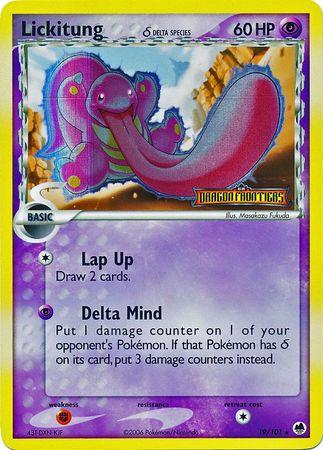 A Pokémon trading card featuring Lickitung (19/101) (Delta Species) (Stamped) [EX: Dragon Frontiers] by Pokémon, a Psychic Type with 60 HP from the EX Dragon Frontiers set, illustrated by Masakazu Fukuda. It boasts two moves: "Lap Up" (draw 2 cards) and "Delta Mind" (put 1 damage counter on one of your opponent's Pokémon). The Rare Rarity card showcases Lickitung with its long tongue extended.