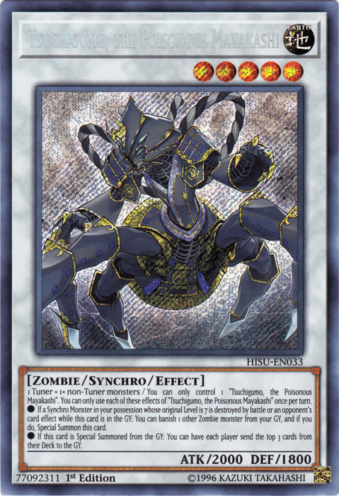 A Yu-Gi-Oh! trading card titled "Tsuchigumo, the Poisonous Mayakashi [HISU-EN033] Secret Rare" from the Hidden Summoners set. This Secret Rare features a dark, armored spider-like creature with multiple legs and sharp appendages. The Zombie/Synchro/Effect type card boasts 2000 ATK and 1800 DEF, with detailed stats and description text.