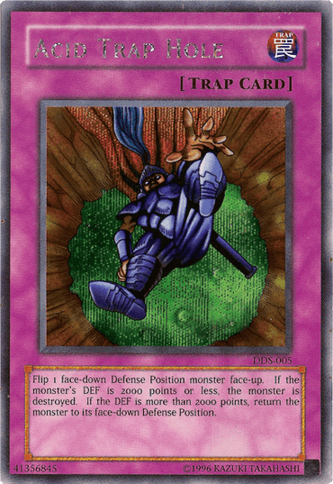 The Yu-Gi-Oh! product named "Acid Trap Hole (Dark Duel Stories) [DDS-005]" is a Secret Rare Normal Trap card with a purple frame, illustrating a person falling into a pit filled with green liquid and spikes. The card features a Chinese character above the illustration. Its effect involves flipping a Defense Position monster and potentially destroying it based on its DEF points.