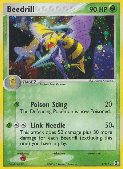 A Beedrill (1/112) [EX: FireRed & LeafGreen] Pokémon trading card with a holographic background from the FireRed & LeafGreen series. Beedrill, a bee-like creature with drills for arms, is illustrated in an attacking pose. The Holo Rare card details include 90 HP, Poison Sting (20 damage), Link Needle (50+ damage), and its evolution info from Kakuna.