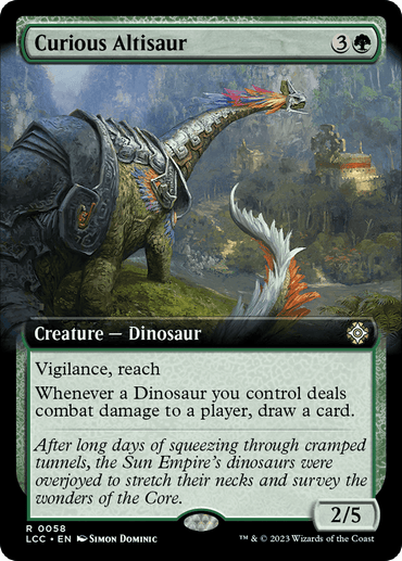 A "Magic: The Gathering" card titled "Curious Altisaur (Extended Art) [The Lost Caverns of Ixalan Commander]" features a majestic dinosaur with a long neck and crest, standing in a lush landscape reminiscent of The Lost Caverns of Ixalan. With mountains and ancient structures in the backdrop, the card includes abilities and flavor text below the image, perfect for any Commander deck.