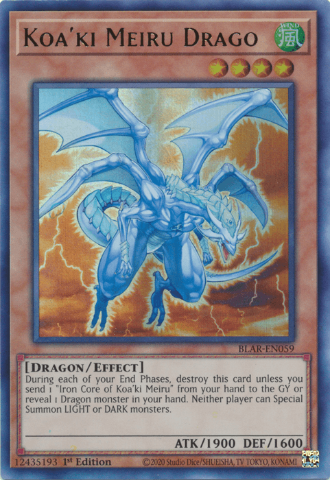 A Yu-Gi-Oh! card titled "Koa'ki Meiru Drago [BLAR-EN059] Ultra Rare" from Battles of Legend: Armageddon. The card features a blue dragon with large, spiked wings in a dynamic pose, surrounded by a fiery background. As an Effect Monster with 1900 ATK and 1600 DEF, its card text details its special ability.