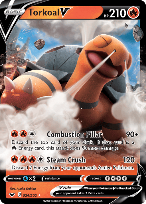 A Torkoal V (024/202) [Sword & Shield: Base Set] card from Pokémon, featuring a dynamic illustration by Ayaka Yoshida of the Fire Type Torkoal breathing fire. Boasting 210 HP, its main attacks are Combustion Pillar and Steam Crush. As an Ultra Rare card, number 024/202, it follows the V rule where the opponent takes 2 Prize cards if