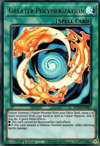 Image of the Yu-Gi-Oh! card "Greater Polymerization [BLVO-EN087] Ultra Rare." An Ultra Rare Spell Card with artwork featuring two fiery dragons spiraling around a blazing vortex. The card text explains that it allows the Fusion Summon of a monster from the Extra Deck, grants it immunity from card effects, and piercing battle damage.