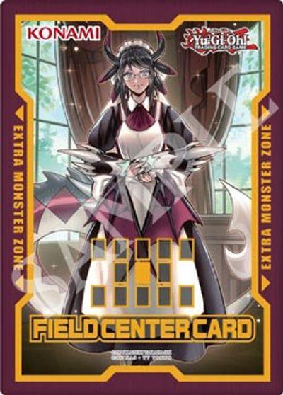 A Field Center Card: House Dragonmaid (Yu-Gi-Oh! Day 2019) Promo featuring a character in a maid outfit standing in front of a large window with curtains. The character has long dark hair, horns, and is holding a tray. This promo card has a purple border, 