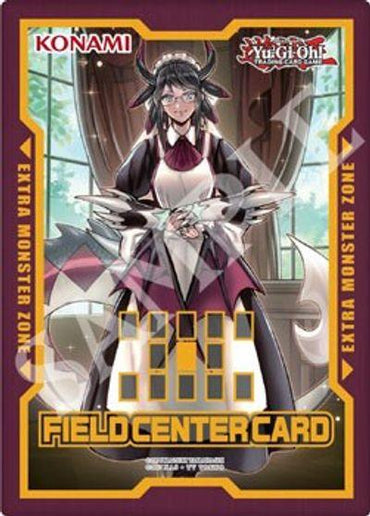 A Field Center Card: House Dragonmaid (Yu-Gi-Oh! Day 2019) Promo featuring a character in a maid outfit standing in front of a large window with curtains. The character has long dark hair, horns, and is holding a tray. This promo card has a purple border, "KONAMI" and "YU-GI-OH!" logos at the top, and "FIELD CENTER CARD" at the bottom.