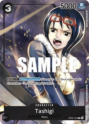 A digitally illustrated character card titled "Tashigi (Box Topper) [Paramount War]" from the 2023 release by Bandai. The card features an animated character with short dark hair, glasses, and a serious expression. She wears a fur-lined jacket and holds a weapon. The card displays stats like 5000 power and a special ability description. "SAMPLE" is overlaid on the image.