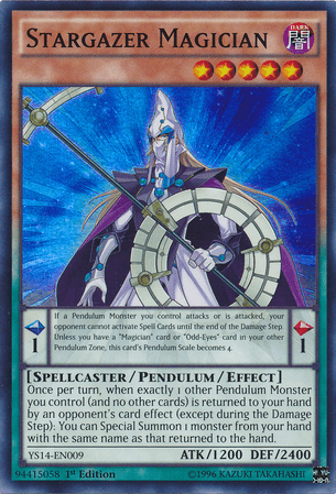A Yu-Gi-Oh! trading card titled "Stargazer Magician [YS14-EN009] Super Rare." This Super Rare Pendulum Monster features an illustration of a mystical magician with a dark robe adorned with stars, holding a staff. It boasts a 1/1 Pendulum Scale, 1200 ATK, 2400 DEF, and detailed Spellcaster/Pendulum/Effect abilities. Perfect for your Space-Time