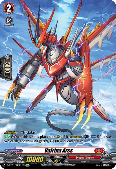 The Vairina Arcs (D-BT01/SP11EN) [Genesis of the Five Greats] trading card by Bushiroad features a metallic dragon-like creature from Dragon Empire, adorned in red and white armor with blue energy radiating from its body and sharp claws. This Grade 2 unit boasts 10,000 power and 1 critical. Embracing a dynamic, electric theme, this Special Parallel card is part of the Genesis of the Five Greats series.