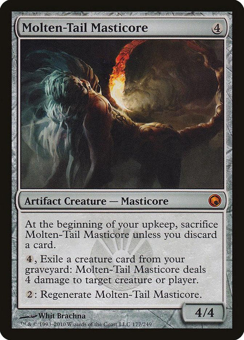 A Molten-Tail Masticore [Scars of Mirrodin] Magic: The Gathering card is displayed. This Mythic Artifact Creature features a molten, beast-like entity with lava and fire elements against a dark, shadowy background. It has a mana cost of 4 and boasts a power/toughness of 4/4 with various abilities listed.