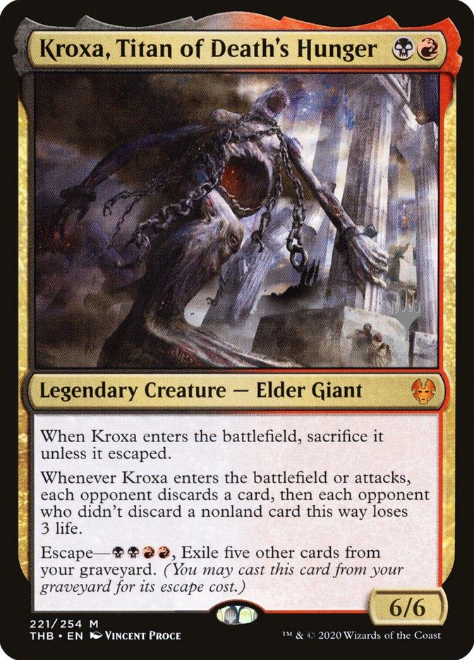 The image is a Magic: The Gathering card from the Theros Beyond Death Promos collection, titled "Kroxa, Titan of Death's Hunger (Promo Pack)." It depicts a fearsome skeletal Elder Giant with glowing eyes. With 6 power and 6 toughness, the card's text describes abilities that trigger when it enters the battlefield or attacks, along with an escape mechanic.