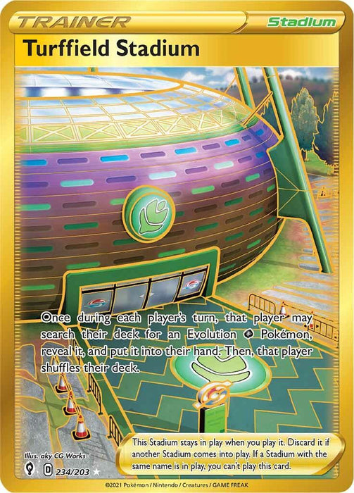A Pokémon card titled "Turffield Stadium (234/203) [Sword & Shield: Evolving Skies]" from the Pokémon series showcases a large, domed stadium with green and brown accents and a stylized leaf symbol. This Secret Rare card is illustrated by 5ban Graphics and allows players to search for Evolution Pokémon.