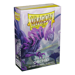 Arcane Tinmen's Dragon Shield: Japanese Size 60ct Sleeves - Orchid (Dual Matte) showcases a dragon with purple scales among abstract flowers. The packaging highlights "Japanese Size" and "60 Dual Matte Sleeves" for excellent protection with the Dragon Shield logo prominently displayed.