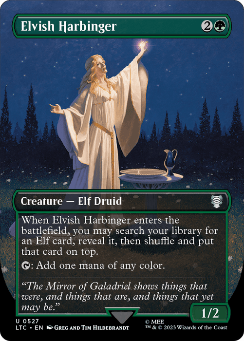 A fantasy card from Magic: The Gathering, titled "Elvish Harbinger (Borderless) [The Lord of the Rings: Tales of Middle-Earth Commander]," features an Elf Druid woman in a white dress, arms raised and casting a spell. She stands in a forest clearing under a starry sky. The card's text includes her abilities and a quote from "The Mirror of Galadriel." It costs two colorless and