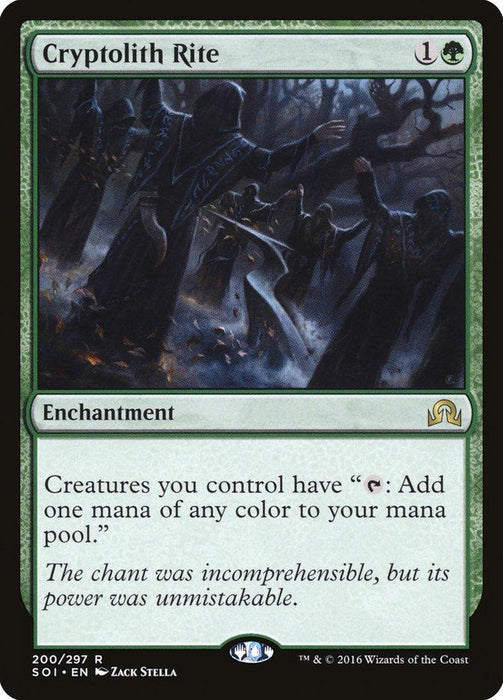 An illustration on a rare Magic: The Gathering card named Cryptolith Rite [Shadows over Innistrad] from the Shadows over Innistrad set. It shows cloaked figures chanting around a glowing altar in a dark forest. The enchantment card, costing 1 green and 1 colorless mana, grants creatures the ability to add one mana of any color to the mana pool. Text reads, “The chant was incom
