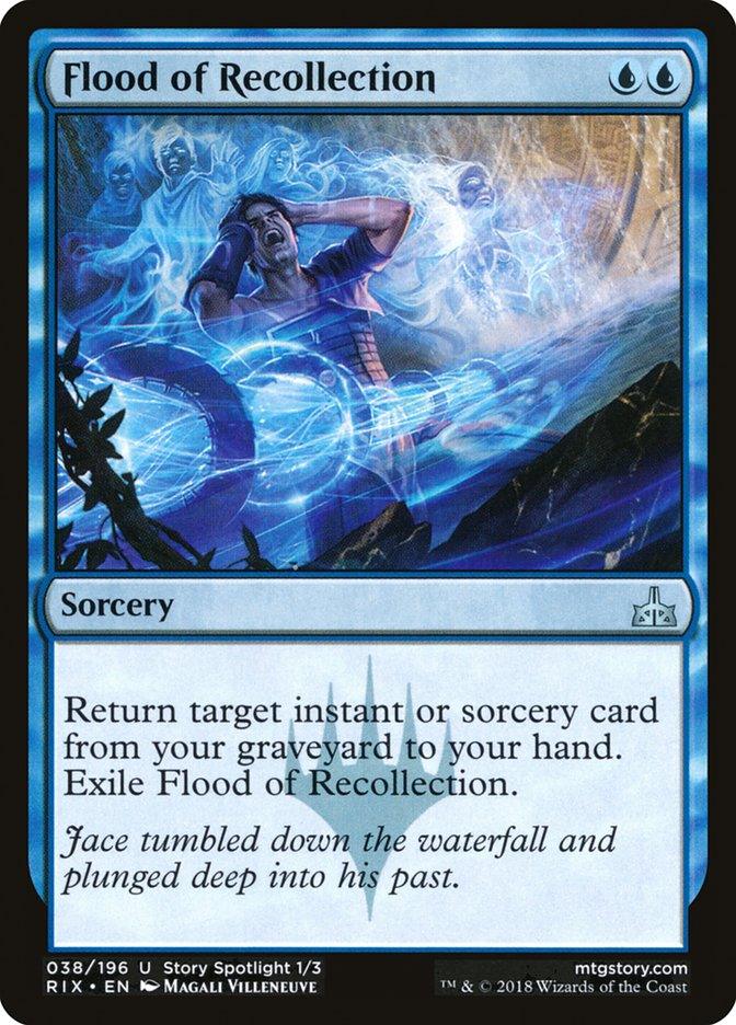 In the Magic: The Gathering card "Flood of Recollection" from the Rivals of Ixalan set, illustrated by Magali Villeneuve, Jace is depicted surrounded by blue, ghostly figures as he is swept away by a powerful water current. The card text states: "Return target instant or sorcery card from your graveyard to your hand. Exile Flood of Recollection.