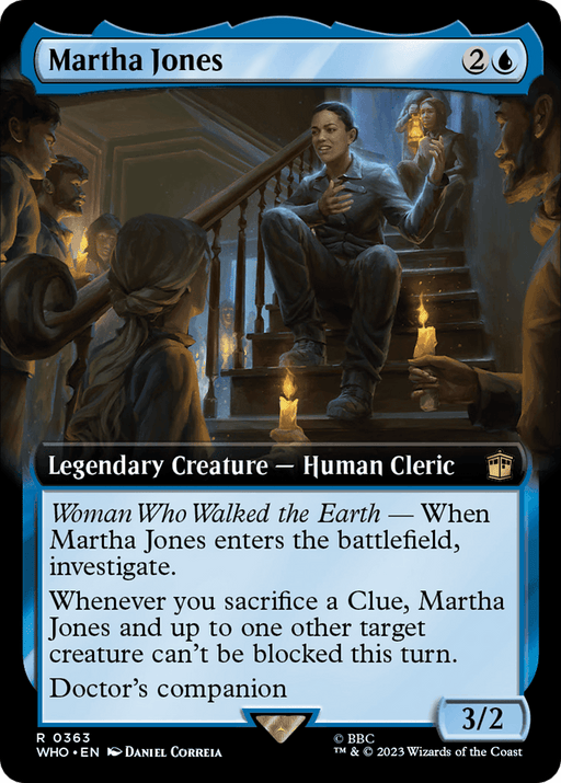 A Magic: The Gathering card titled Martha Jones (Extended Art) [Doctor Who] from the Doctor Who series. It depicts a dark interior scene with Martha Jones, a determined woman holding a torch, amidst a staircase and candles. She is surrounded by blue-hooded figures. The card is a 3/2 Legendary Creature - Human Cleric with investigative abilities.