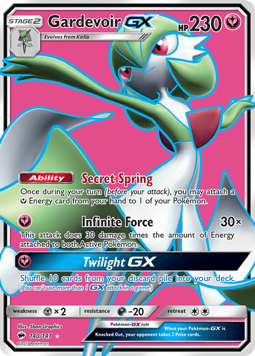 A Pokémon trading card for Gardevoir GX (140/147) [Sun & Moon: Burning Shadows] with 230 HP from the Sun & Moon: Burning Shadows set. This Ultra Rare, Fairy-type evolves from Kirlia and features the “Secret Spring” ability and moves like “Infinite Force” and “Twilight GX”. Weakness to Steel, resistance to Dark, retreat cost of 2. Card number 93/147, illustrated by