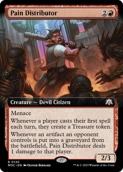 A Magic: The Gathering card named "Pain Distributor (Extended Art) [March of the Machine Commander]." The card costs 2 colorless and 1 red mana to cast and is of the Creature type, specifically a Devil Citizen. It has 2 power and 3 toughness with abilities: Menace, creating Treasure tokens when players cast their first spell each turn, and dealing 1 damage when an opponent's artifact is put into a graveyard.